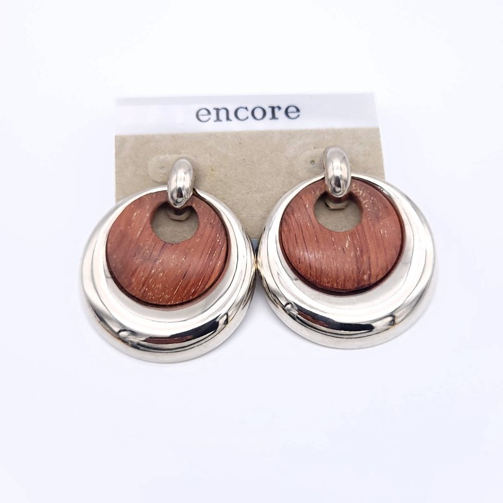 ONS! Rare Encore Door Knocker Hoop Earrings Silver Tone & Wood